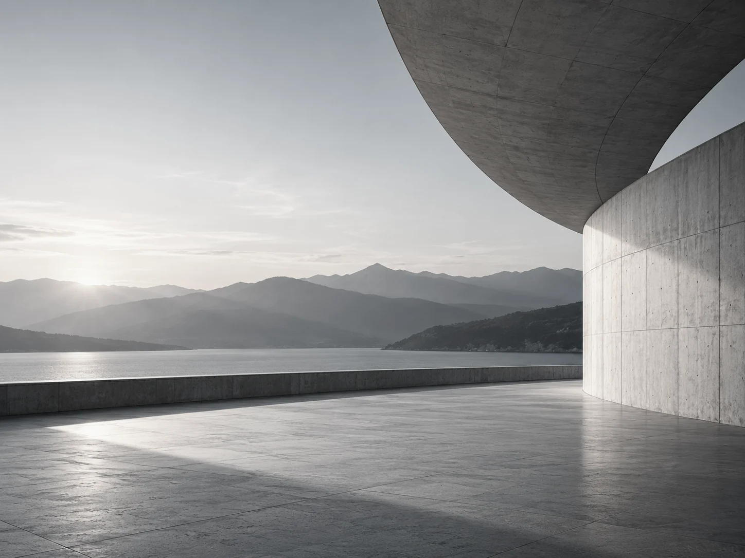 Quiet concrete architecture overlooking water
